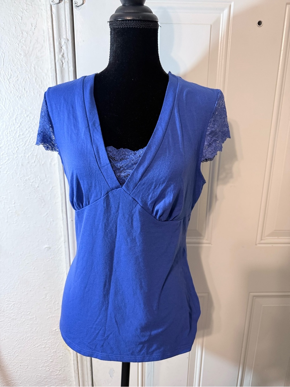 Linea Donatella Cobalt Blue Lace-Trim V-Neck Top